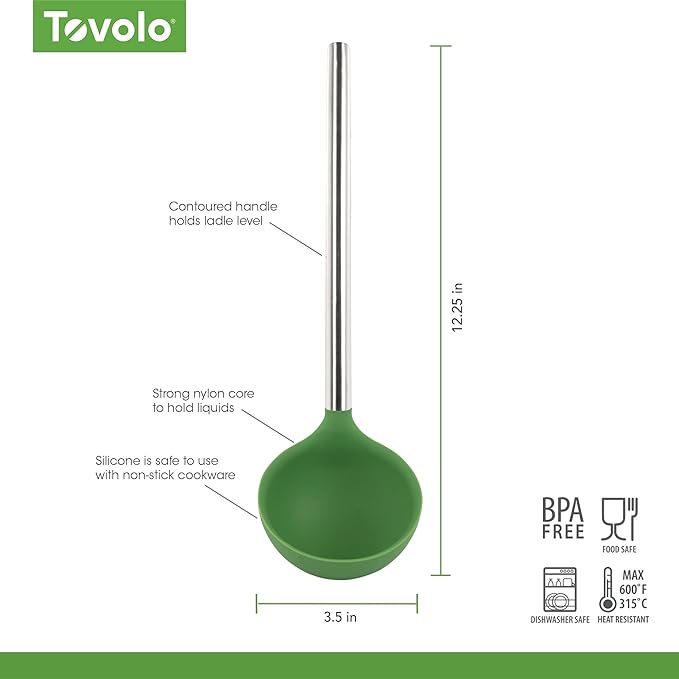 Tovolo Silicone Ladle With Stainless Steel Handle Deep Soup Ladle for Cooking Canning Serving Soup Punch Stew Sauce, Large Kitchen Utensil Spoon Dishwasher Safe BPA Free Silicone Pesto Green