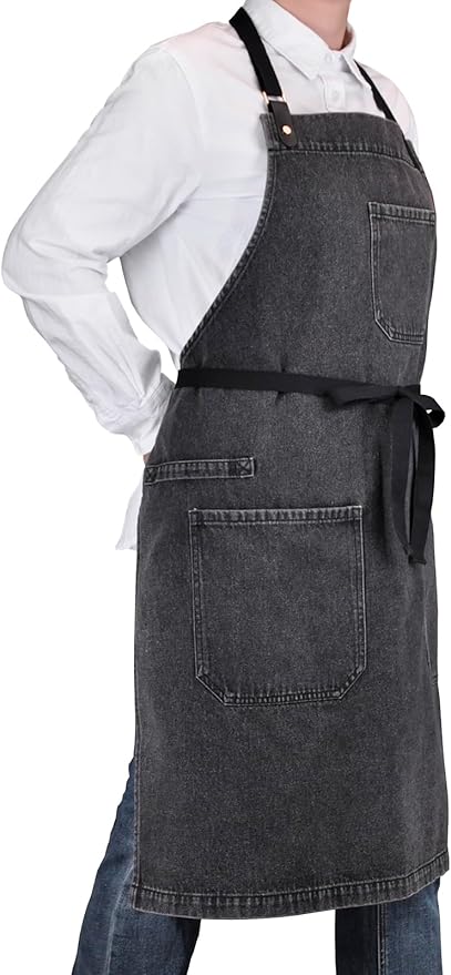 Denim Apron with Pockets, Professional for Mens Womens Chef Kitchen Cooking Grill BBQ Painting Baking, Black Bib with Towel Loop & Adjustable Neck Strap (Black Denim -2)