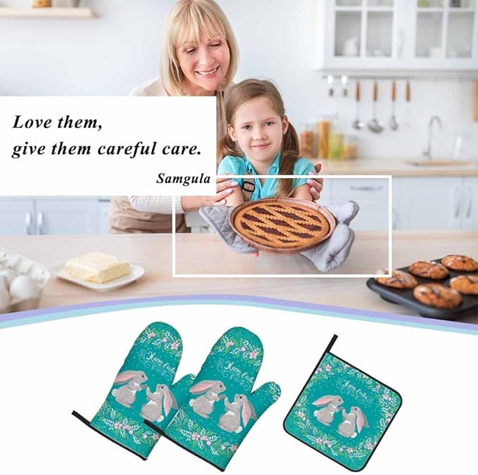 Easter Oven Mitts and Pot Holders Sets Cute Rabbits Floral Wreath Heat Resistant 3pcs for Cooking Baking BBQ