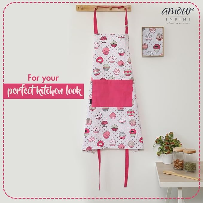 AMOUR INFINI Cotton Aprons for Women with Pocket, Adjustable Strap & Waist Ties - Printed Aprons for Baking, Cooking, Gardening (27.5 x 33 Inches)