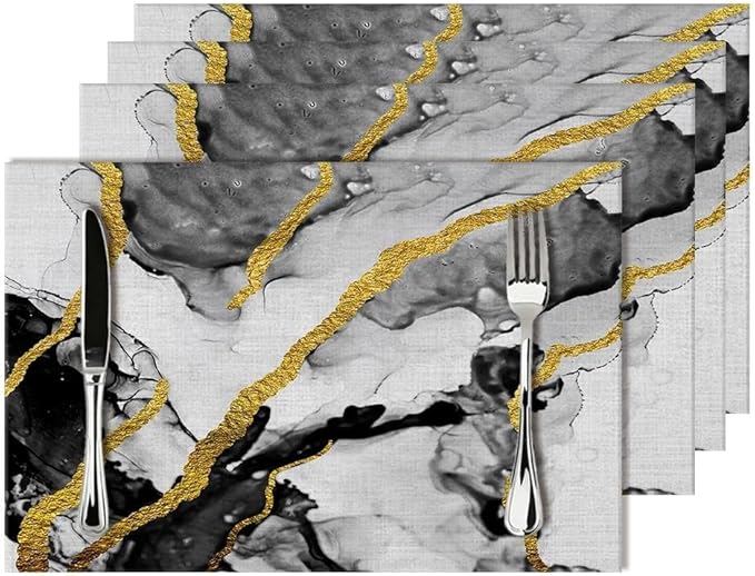 Black White and Gold Marble Linen Placemats Set of 4, Modern Luxury Washable Non-Slip Heat-Resistant Durable Kitchen Table Mats for Dining Table, Luxury Home Kitchen Decor Essential, Black Grey Gold