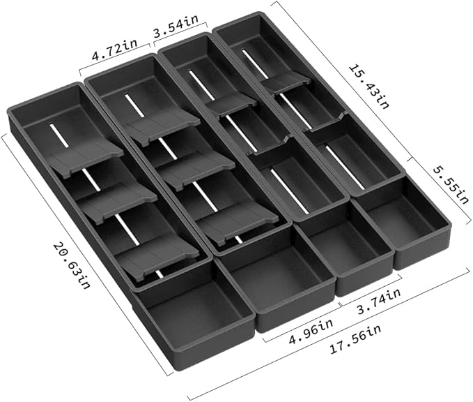 Silverware Drawer Organizer with Expandable Panel & Removable Dividers – Fits 15.67" to 21.18" Kitchen Drawers, Space-Saving Utensil Storage Solution (SPACE BLACK, W17.3 x L15.7 inches)