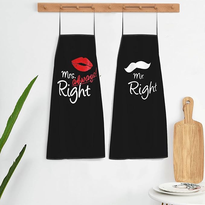 2Pcs Mr Right Mrs Always Right Aprons - Funny Cooking Kitchen Aprons for Women Men Chef - Waterdrop Resistant Wedding Gift for Couple - Valentine's Day, Bridal Engagement Present