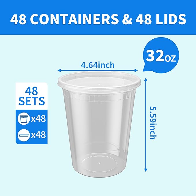 Plastic Deli Containers with Lids, 48 Sets 32oz Leakproof Soup Storage Containers for Family Soup & Leftovers, Round Meal Prep Cups, BPA Free, Microwave/Freezer/Dishwasher Safe