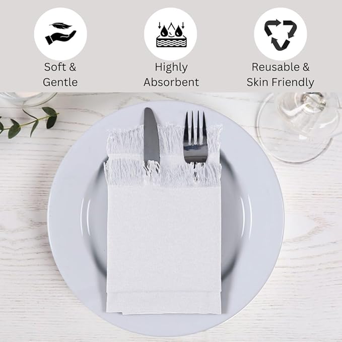 Cloth Dinner Napkins with Fringes 20x20 Inch 100% Cotton Set of 6 - for Dining Special Occasions Wedding Holidays Easter - Soft Durable Washable - Elegant Table Cloth Napkins White