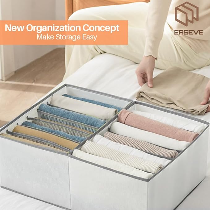 EASEVE 2 Pack Wardrobe Closet Organizer and Storage for Clothes - 7 Grids Foldable Drawer Dividers Organizers for Jeans | Pants | Shirts | Leggings, Stackable Clothing Bins for Closets Organization