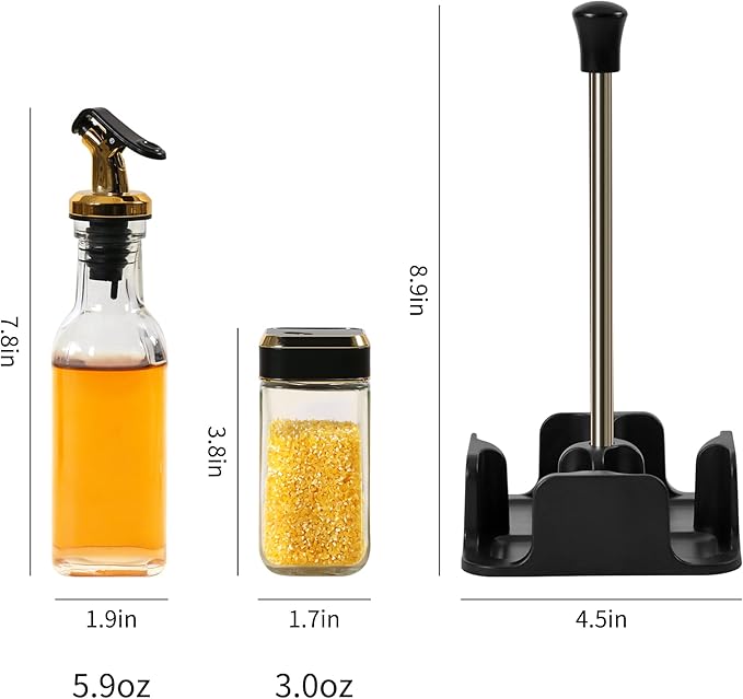Oil and Vinegar Dispenser Set with Caddy, Glass Bottle Seasoning Pepper Salt Dispenser Oil Spouts Oil Funnel Brush Kit