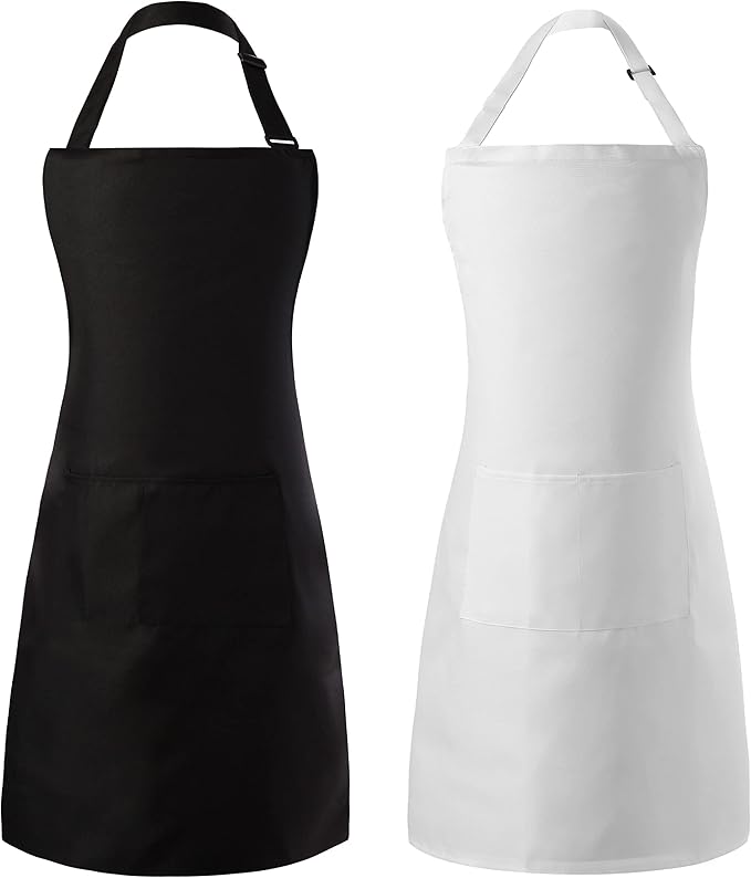 Tosewever 2 Pack Adjustable Bib Apron, Waterdrop Resistant Aprons with 2 Pockets Cooking Kitchen Restaurant Aprons for Women Men Chef, BBQ Drawing Crafting Outdoors (Polyester - Black & White, 2)