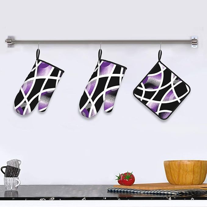 3-Piece Purple Black Abstract Geometric Oven Mitts and Pot Holders Set, Heat Resistant Modern Art Kitchen Gloves Hot Pads for Baking Cooking Grilling, Chef Gifts for Cooking Lovers, Home Decor, Purple