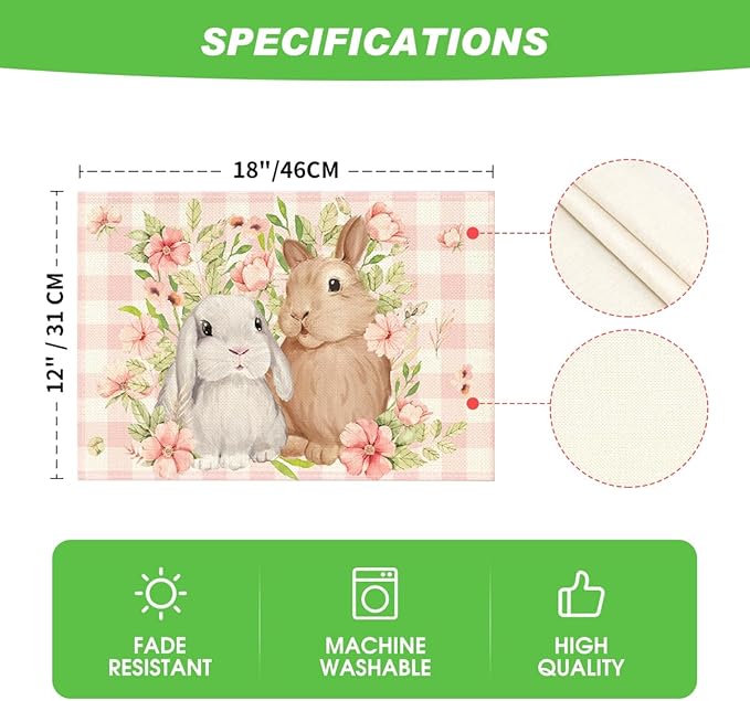 Artoid Mode Bunny Rabbit Flowers Pink Buffalo Plaid Easter Placemats Set of 4, 12x18 Inch Spring Table Mats for Party Kitchen Dining Decoration