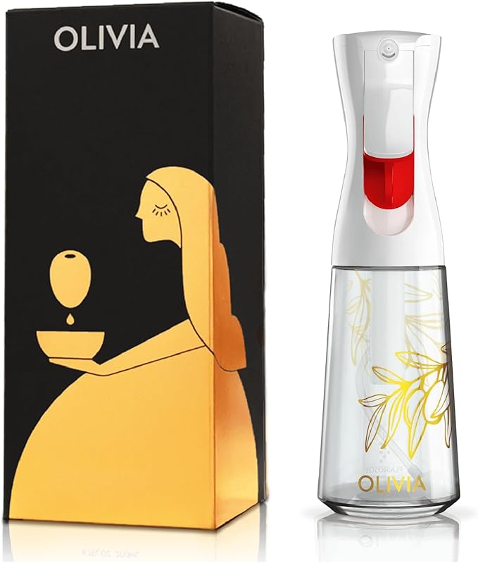 OLIVIA Signature Oil Sprayer for Cooking, 200ml Glass Olive Oil Sprayer, Continuous Cooking Spray Bottle with Portion Control, Olive Oil Dispenser for Kitchen, Air Fryer, Salad, BBQ (Golden Leaves)
