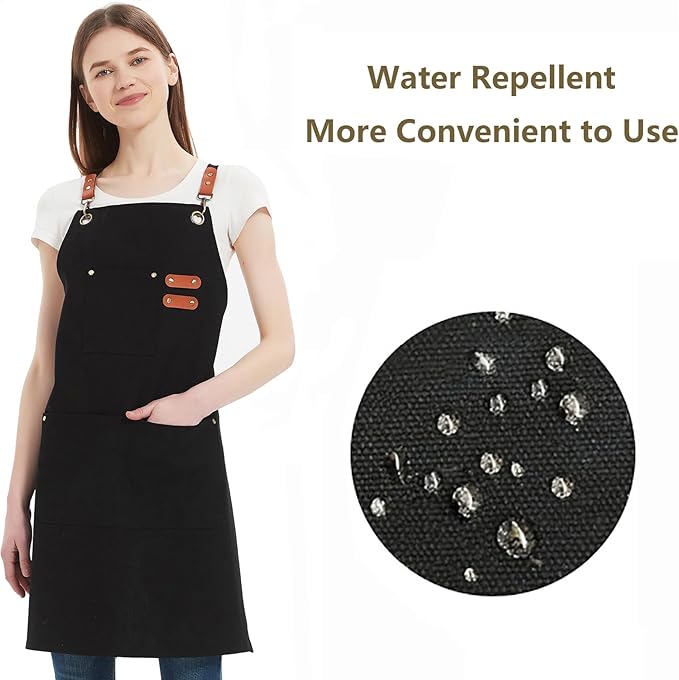 AFUN Chef Aprons for Women Men with Oversized Pockets, 12-Ounce Cotton Canvas Cross Back Water Repellent Apron (Black)