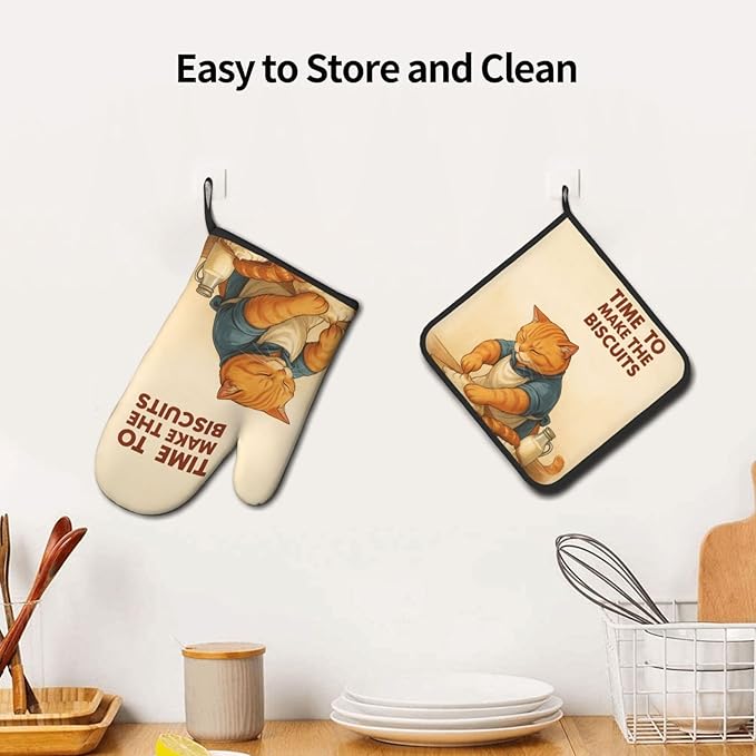 Cute Cat Oven Mitts and Pot Holder Set, Funny Heat Resistant Kitchen Gloves Hot Pad, Cooking Baking Lovers Spring Easter Gifts for Women, Whimsical Kitchen Decor & Gifts for Chef Cooks Cat Lovers Mom