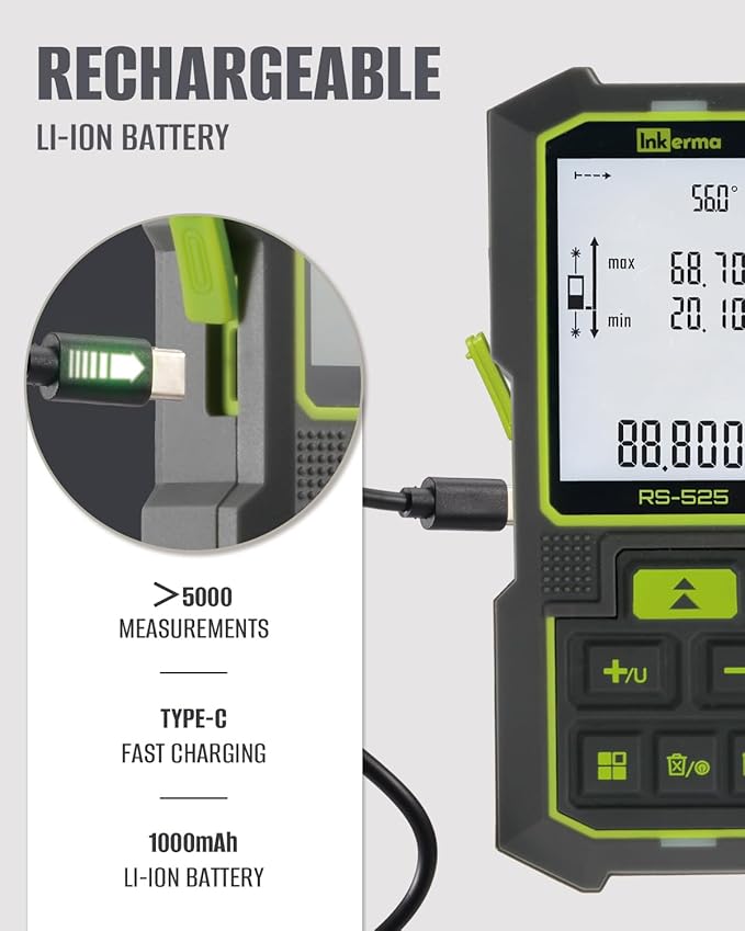 Inkerma Dual Laser Measurement Tool, 525Ft/160M Bilateral Laser Distance Meter, Rechargeable Laser Measure with Ft/in/M Multiple Units, Angle Sensor, Pythagorean Mode, Area and Volume