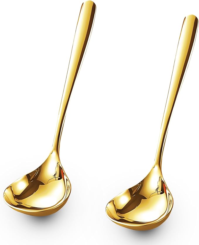 Comicfs 2 Pack Gold Gravy Ladle, SUS 304 Stainless Steel Soup Ladle, Small Soup Ladle, Sauce Ladles, Small Serving Ladles for Stirring, Mirror finished Soup Spoon and Dishwasher Safe 8-Inch (Gold)