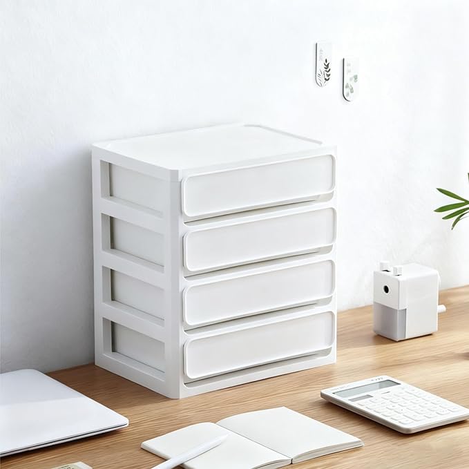 Covzoe Desk Drawer Organizer, 4 Tier Plastic Desktop Storage Unit, Small Storage Bin Container for Countertop, Makeup, Stationery, Art Crafts, Home Office Bathroom, White
