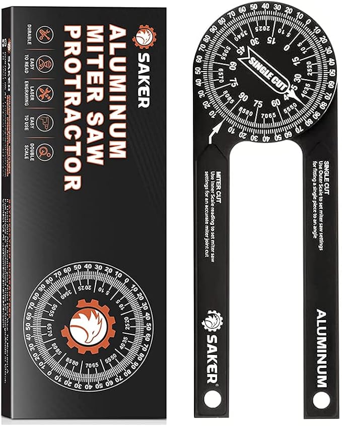 Saker Miter Saw Protractor|7-Inch Aluminum Protractor Angle Finder Featuring Precision Laser-Inside & Outside Miter Angle Finder for Carpenters, Plumbers and All Building Trades (Black)
