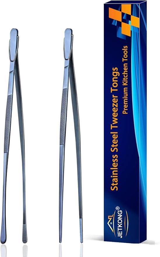 JETKONG 2 Pcs 9-Inch Cooking Tweezer Tongs Stainless Steel Kitchen Tweezers Plating Tongs (Navy Blue)