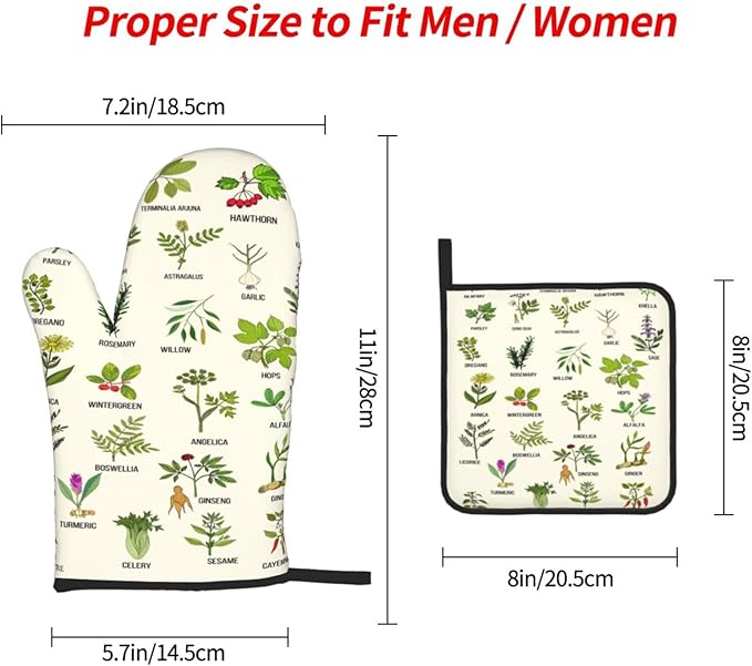 Cute Herbs Botanic Garden Plants Oven Mitts and Pot Holders Sets Heat Resistant for Kitchen BBQ Microwave Baking Grilling Cooks Set of 3 Kitchen Oven Glove