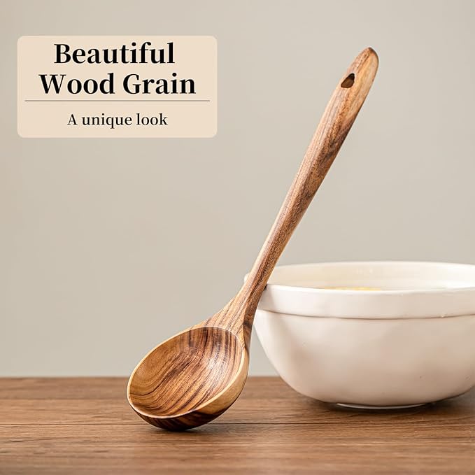 Gudamaye Wooden Soup Ladles, Natural Teak Wooden Spoons, 13 inch Big Deep Ladle for Cooking, Wood Kitchen Utensils Set