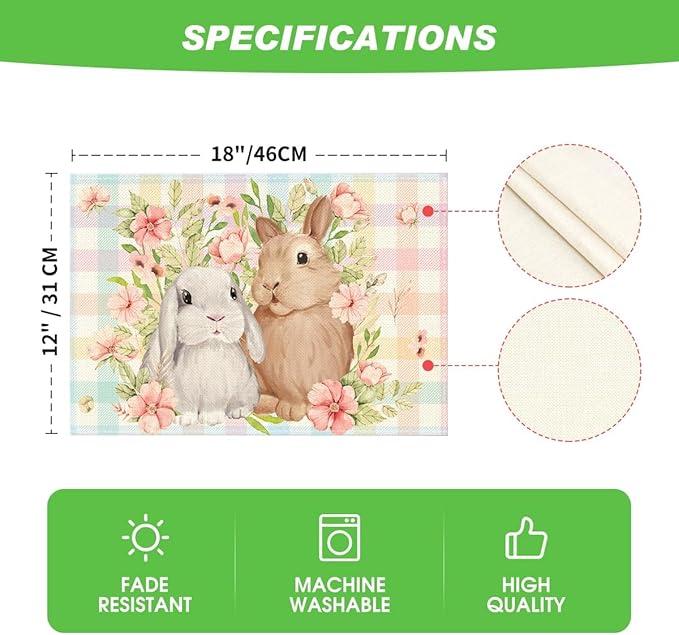 Artoid Mode Bunny Rabbit Flowers Floral Buffalo Plaid Easter Placemats Set of 4, 12x18 Inch Spring Table Mats for Party Kitchen Dining Decoration