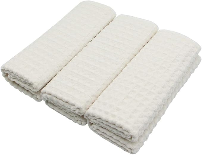Waffle Weave Kitchen Drying Towels - Thick Microfiber, Absorbent, Lint Free 16Inch x 24Inch 3 Pack Beige