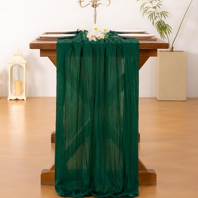 Socomi 2pcs Emerald Green Cheesecloth Table Runner Easter Spring Boho Rustic Gauze 120 inch 10FT Cheese Cloth Runner for Wedding Party Baby Shower Birthday Home Decor Holiday Decorations