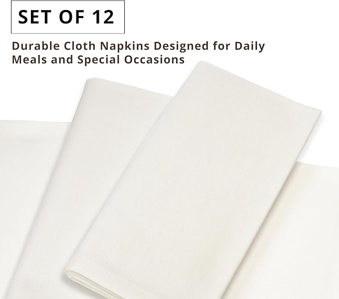 PurpleEssences Set of 12 Cloth Dinner Napkins 100% Cotton 18x18 Inch - Soft Durable Washable - Ideal for Farmhouse Party Spring Easter Summer - Perfect Everyday Use Table Linen - Cream
