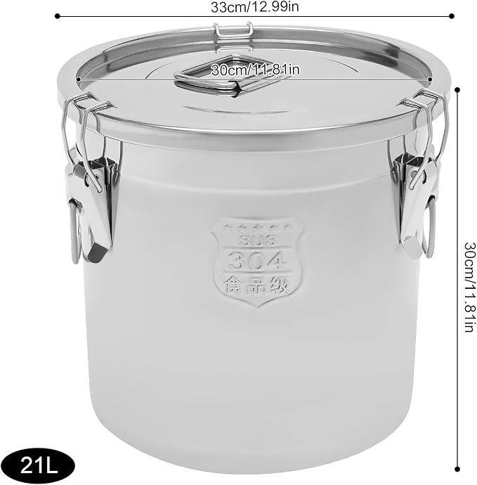 5.5Gal 304 Stainless Steel Airtight Canister with Lid and Locking Clamp, Rice Cereal Grain Canisters Container, Metal Rice Bucket for Kitchen,Dog Food, Bird Seed, Coffee, Cookies Storage(Silver-21L)