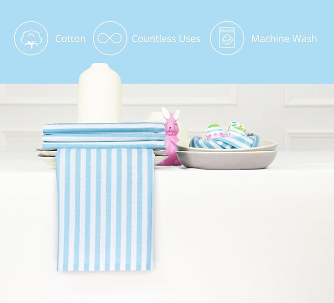 PurpleEssences Plain Striped Cloth Napkins - Set of 12-100% Cotton - 18 x 18 Inch - Spring Easter Summer and Perfect Everyday Use Dinner Napkin - Aqua Blue White