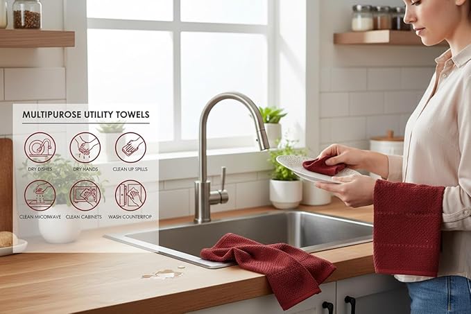 Maroon Dark Red Brick Red Kitchen Hand Dish Towels: Oversized 28" x 18",100% Cotton Cloth Soft Cleaning Drying Absorbent Textured Design, Set of 3 Multipurpose for Everyday Use (Brick Red)