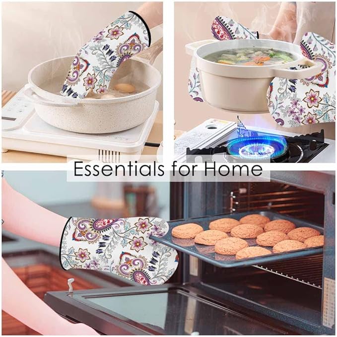 Ethnic Flowers Oven Mitts and Pot Holders Sets Leaves Purple Pastel Heat Resistant 3pcs for Cooking Baking BBQ