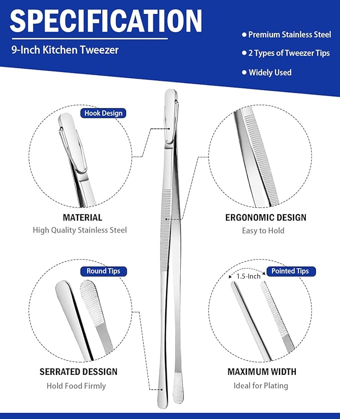 JETKONG 2 Pcs 9-Inch Kitchen Tweezers Cooking Tweezers Stainless Steel Tweezers Tongs (Silver)