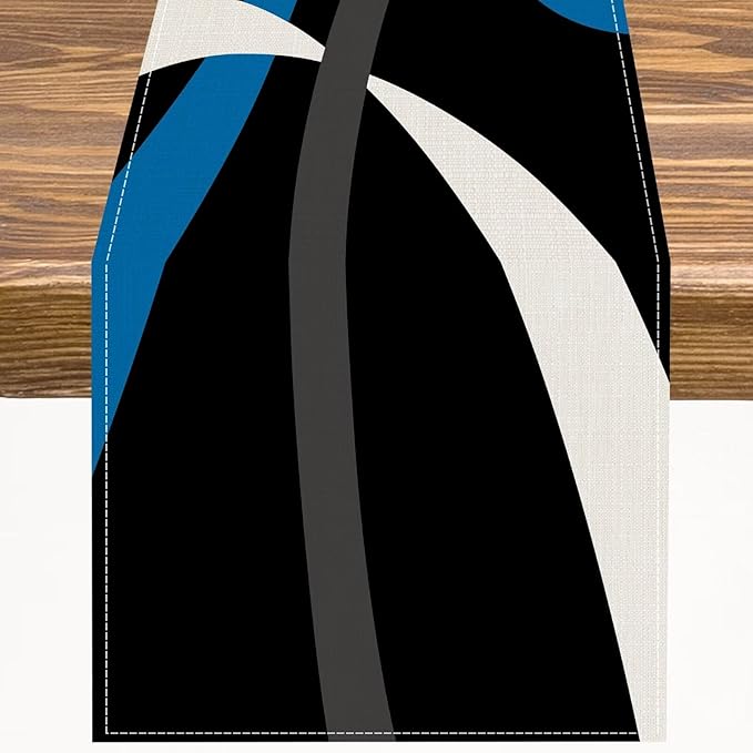 Abstract Geometric Table Runner Blue Grey and White Striped Black Background Modern Kitchen Dinner Runner for Indoor Home Living Room Party Dining Table Decoration 13"x90"