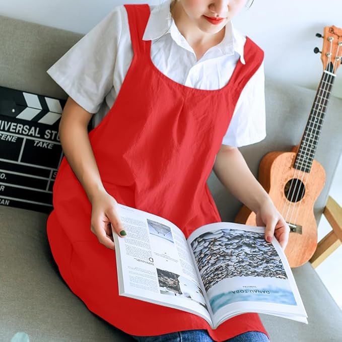 NEWGEM Japanese Cotton Linen Cross Back Cooking Apron for Women Men with Pockets Cute for Baking Kitchen