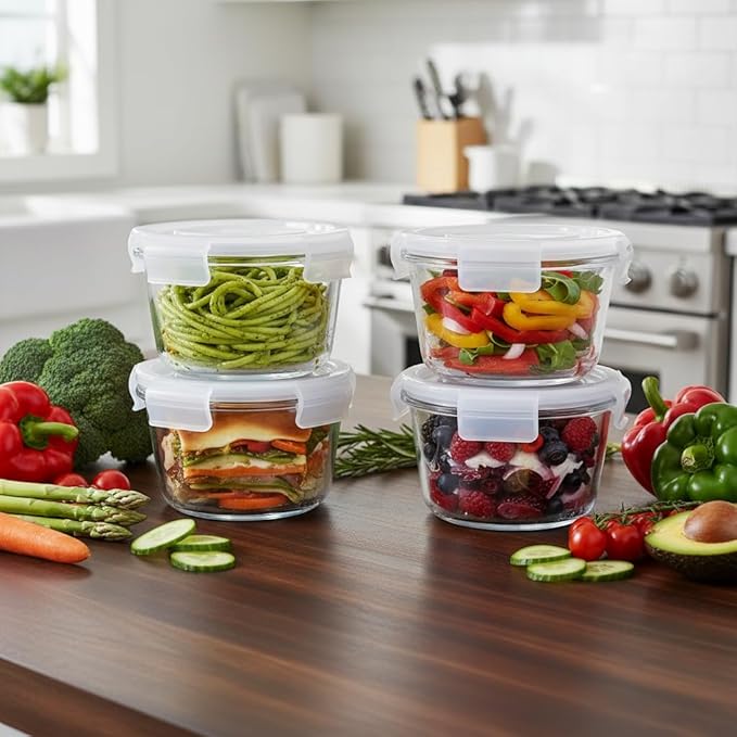 H.JSS WDJS 2 Cup Round Glass Food Storage Containers with Airtight Lids,16oz Round Glass Soup Container, BPA free Small Food Storage Containers for Leftover. Microwave, Freezer, Dishwashe safe-4pack