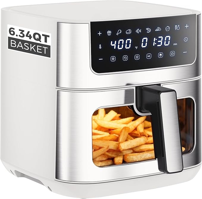 OLIXIS 6.34QT Air Fryer with Window, 8 Food Presets with 400°F Max Heat, 90-Min Timer, Nonstick Dishwasher-Safe Basket for Air Fry, Roast, Reheat, Bake, Stainless Steel, White
