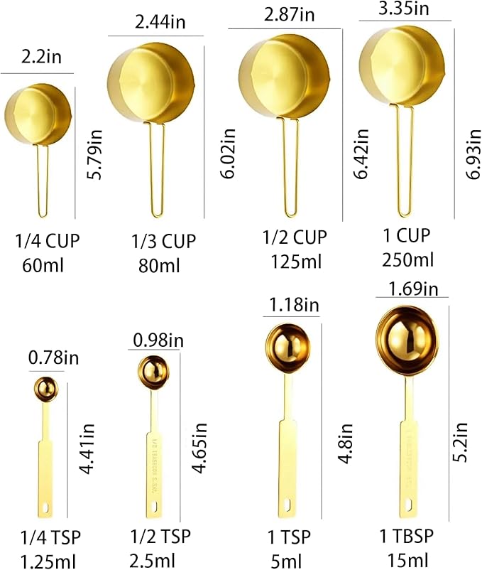 Gold Measuring Cups and Spoons Set, 8 Piece Stainless Steel Measuring Cup and Spoon Set for Baking and Cooking, Stackable Gold Kitchen Measuring Utensils for Dry and Liquid Ingredients