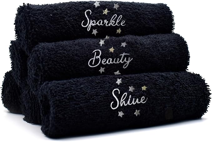 DAN River Black Makeup Towels - Pack of 6 (13x13 in) - Ultra Soft Cotton Face Towels with Embroidery - Reusable, Quick-Dry & Machine Washable Makeup Remover Cloths for Bathroom, Spa & Salon