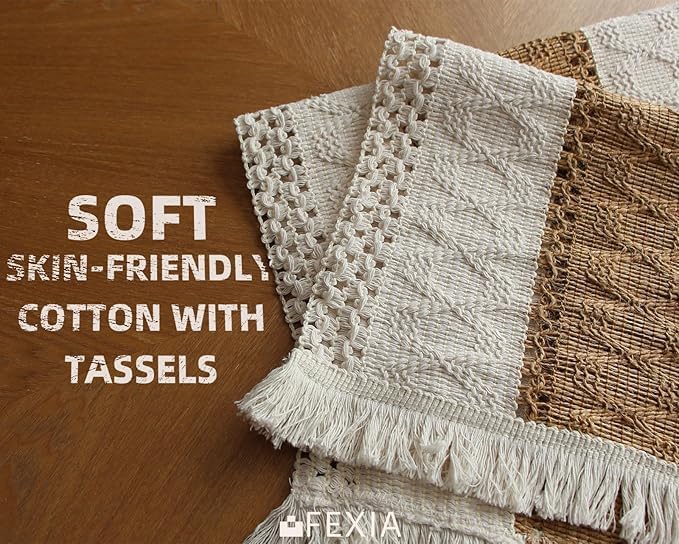FEXIA Boho Placemats Set of 6, Macrame Table Decor Farmhouse Style Placemats in Natural Cotton Burlap, for Kitchen and Dining Table Centerpiece Home Decorations（Beige & Brown）