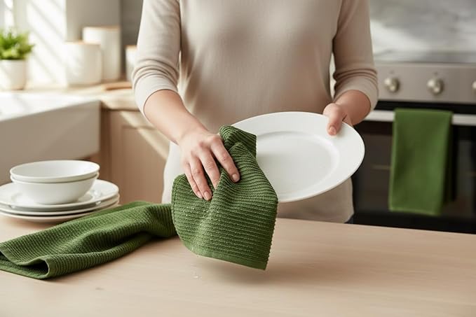 Serafina Home Avocado Forest Green Kitchen Hand Dish Towels: Oversized 28" x 18",100% Cotton Cloth Soft Cleaning Drying Absorbent Ribbed Design, Set of 3 Multipurpose for Everyday Use (Moss Green)
