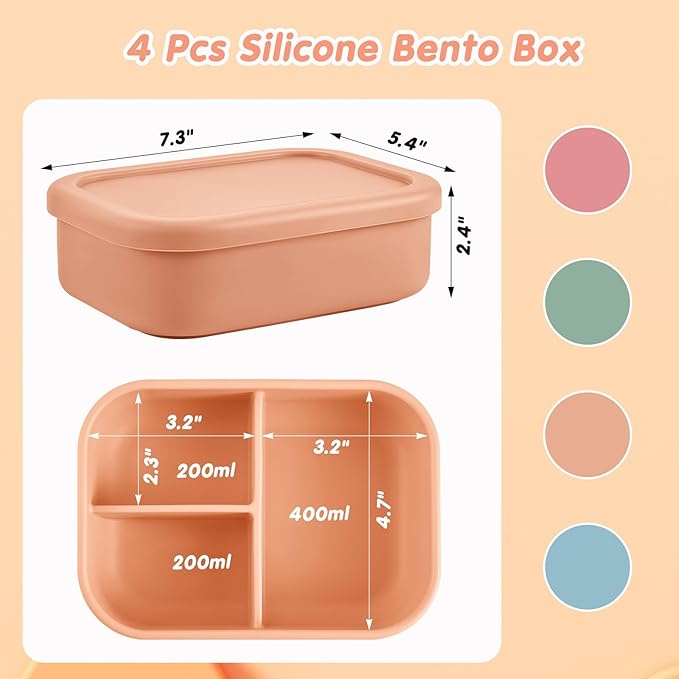 Layhit 4 Pcs Silicone Bento Box for Adults, 27 oz Bento Lunch Container Reusable 3 Compartment Lunchable Food Container for Women Men, Leak Proof Microwave Dishwasher Freezer Safe (Dark Colors)
