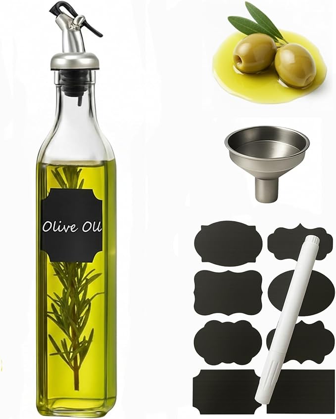 WERTIOO Olive Oil Dispenser Bottle, 17 OZ Glass Oil Dispenser for Kitchen with 1 Pourer,1 Stainless Steel Funnel & 1 Pen and 8 Label for Kitchen (500ml)