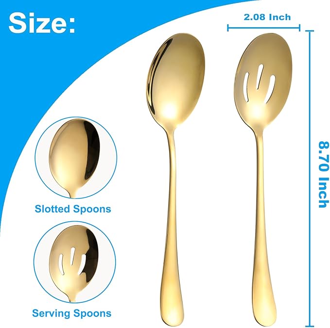 24-Piece Serving Set, 12 Serve Spoon & 12 Slotted Spoon, 8.7-Inch Stainless Steel Banquet Spoons, Large Utensils for Kitchen, Gold