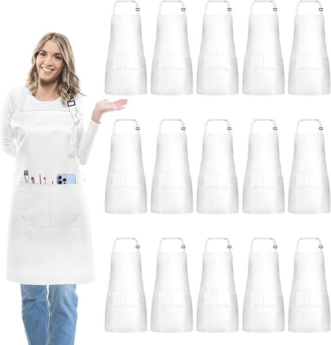 15 Pcs Adult Aprons Bulk with Pockets Adjustable Bib Chef Apron for Women Men Painting Cooking Crafting (S/L)