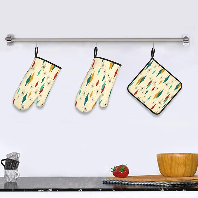 Mid Century Modern Oven Mitts and Pot Holders Set Heat Resistant Non Slip Set of 3 Retro Decor Kitchen Gloves Hot Pads for Cooking BBQ Baking Grilling
