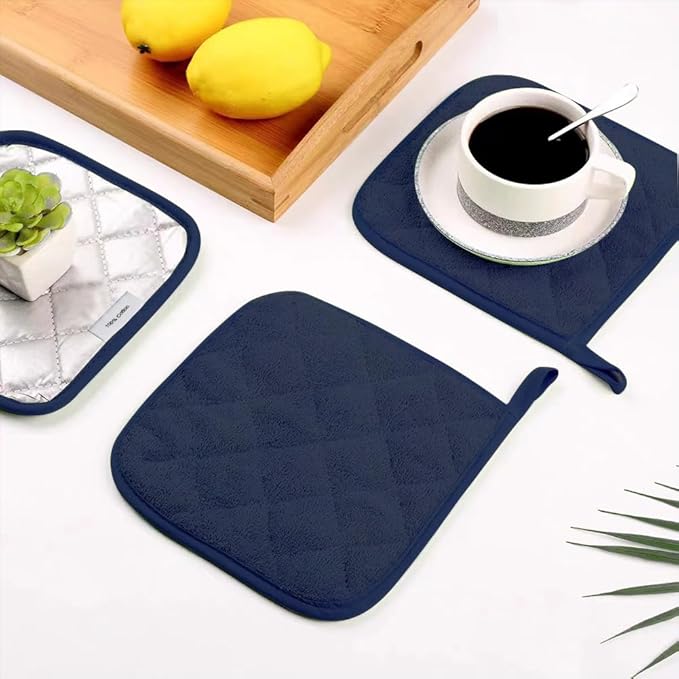meioro 4-Pack Pot Holders for Kitchen High Heat Resistant Potholder, 100% Cotton Hot Pads, Quilted Terry Hot Pot Holder Set for Kitchens, Washable Trivet for Cooking and Baking 7x7 Inches (Navy Blue)