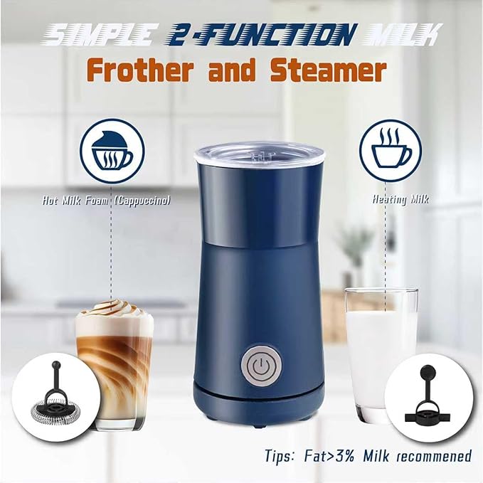 Simple Milk Frother, 2 in 1 Milk Steamer and Frother, Electric Milk Steamer, Milk Warmer and Hot Milk Foam Maker for Latter, Macchiato, Cappuccinos，Blue