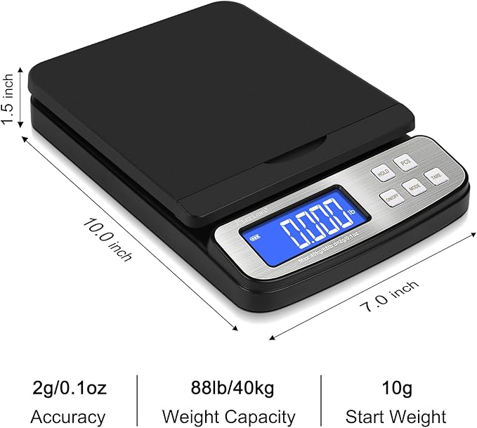 Fuzion Shipping Scale - Digital Postal Scale 88lb x 0.1oz, 5 Units, Hold/Tare/PCS Counting, Easy Calibration, Large LCD, All-in-1 Scale for Packages