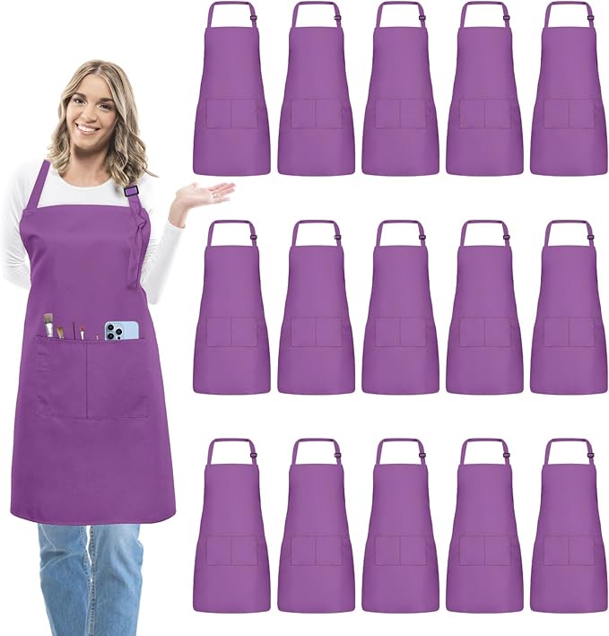 15 Pcs Adult Aprons Bulk with Pockets Adjustable Bib Chef Apron for Women Men Painting Cooking Crafting (S/L)